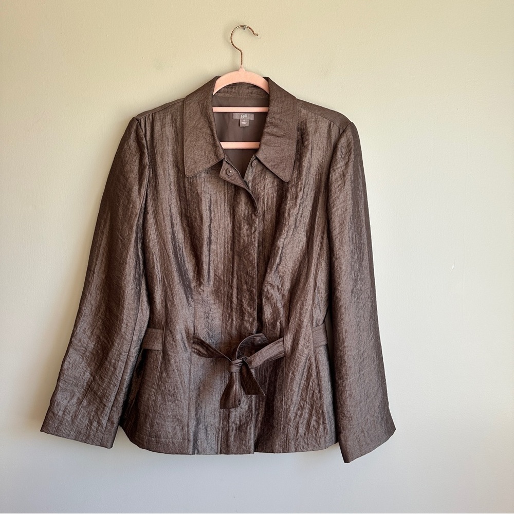 J. Jill Brown Metallic Belted Collared Light Jacket 10
